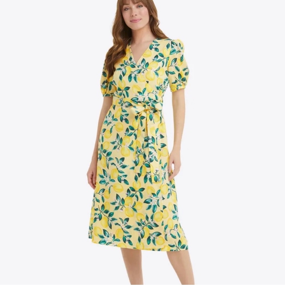 Draper James Yellow Lemon Print Midi Dress with Green Leaves